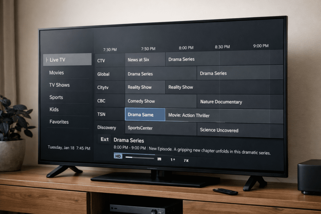 IPTV Canada player app showing live channel list