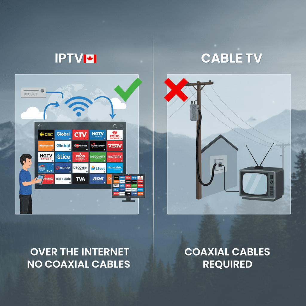 IPTV Canada vs cable TV comparison showing internet-based streaming versus traditional coaxial cable
