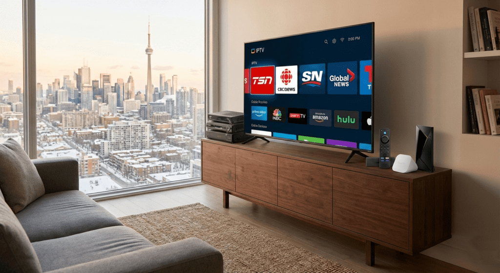 Smart TV with IPTV Canada streaming guide on screen