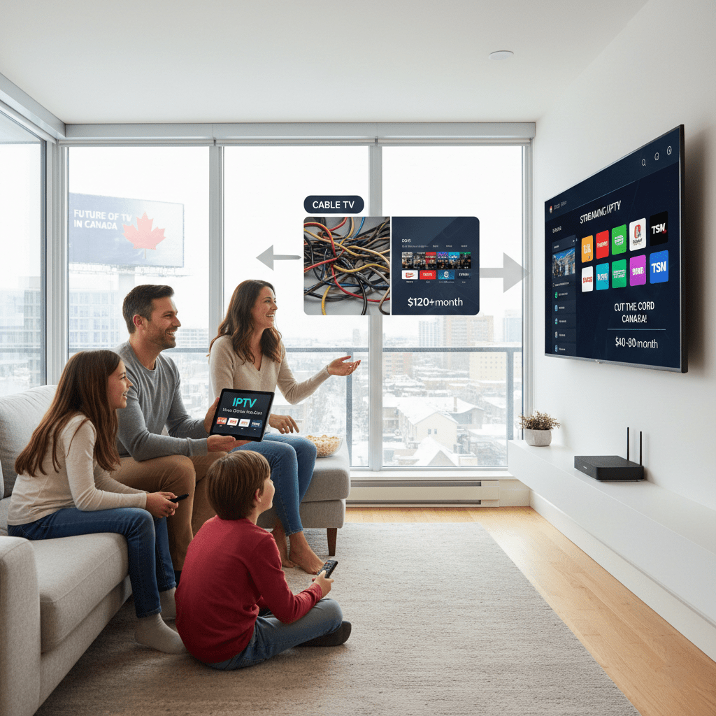 Family watching IPTV at home with comparison graphic between cable TV and modern IPTV streaming in Canada