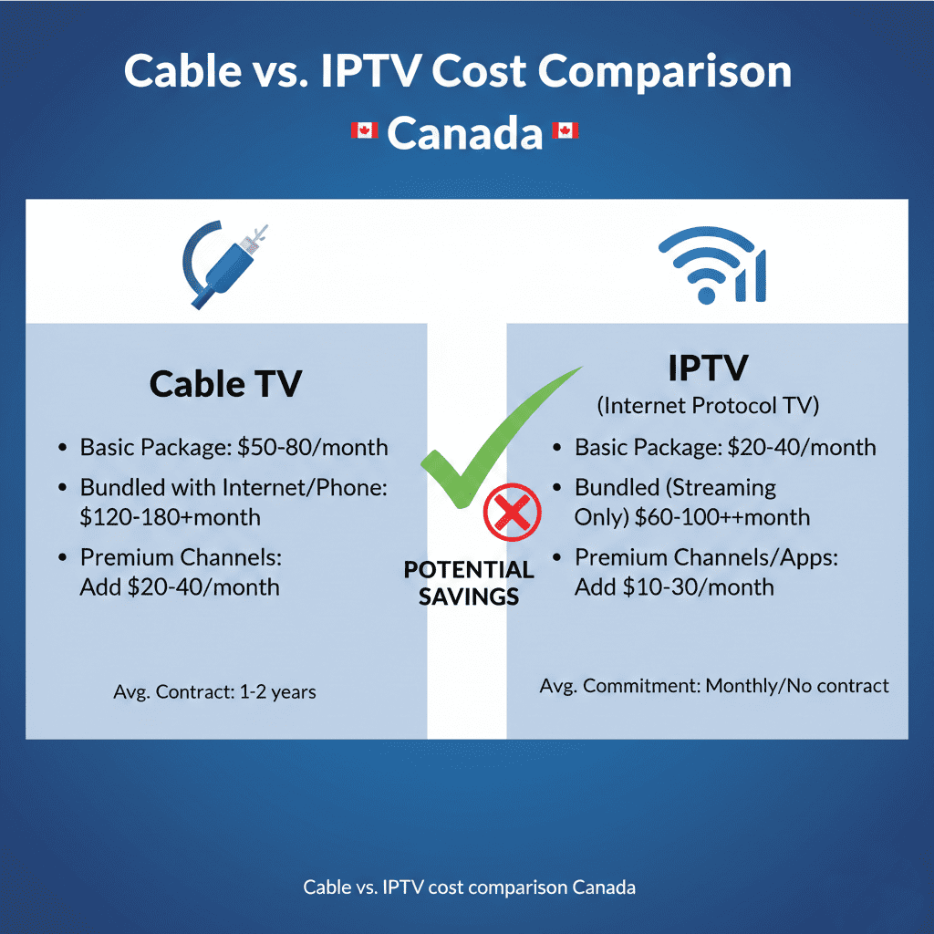 Cable vs IPTV cost comparison in Canada 2026 showing monthly savings when switching from cable to IPTV