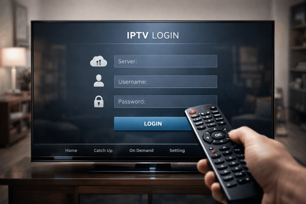 IPTV setup Smart TV 2026 login screen on a Samsung or LG television