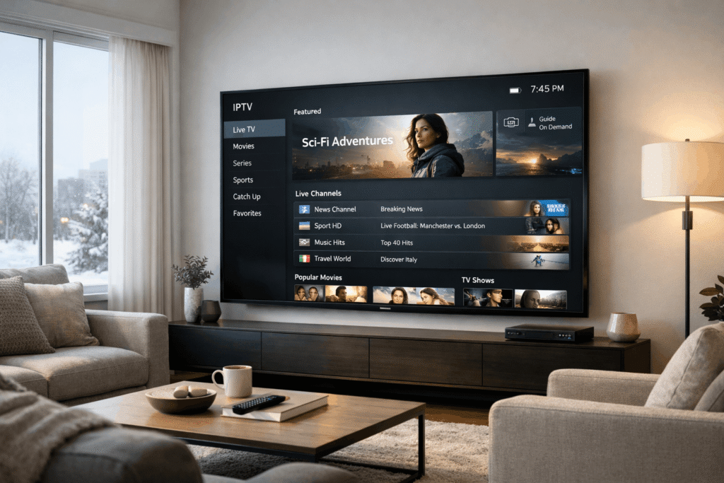 IPTV Smart TV Canada setup shown on a modern television in a Canadian living room