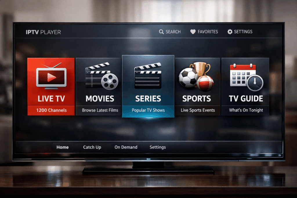 Smart TV IPTV apps Canada interface displayed on a large television screen